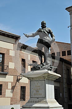 Bronze Statue Don Alvaro de Bazan, Famous Admiral, Plaza de la Villa, Madrid Spain. Statue in front of Casa de Cisneros, created i